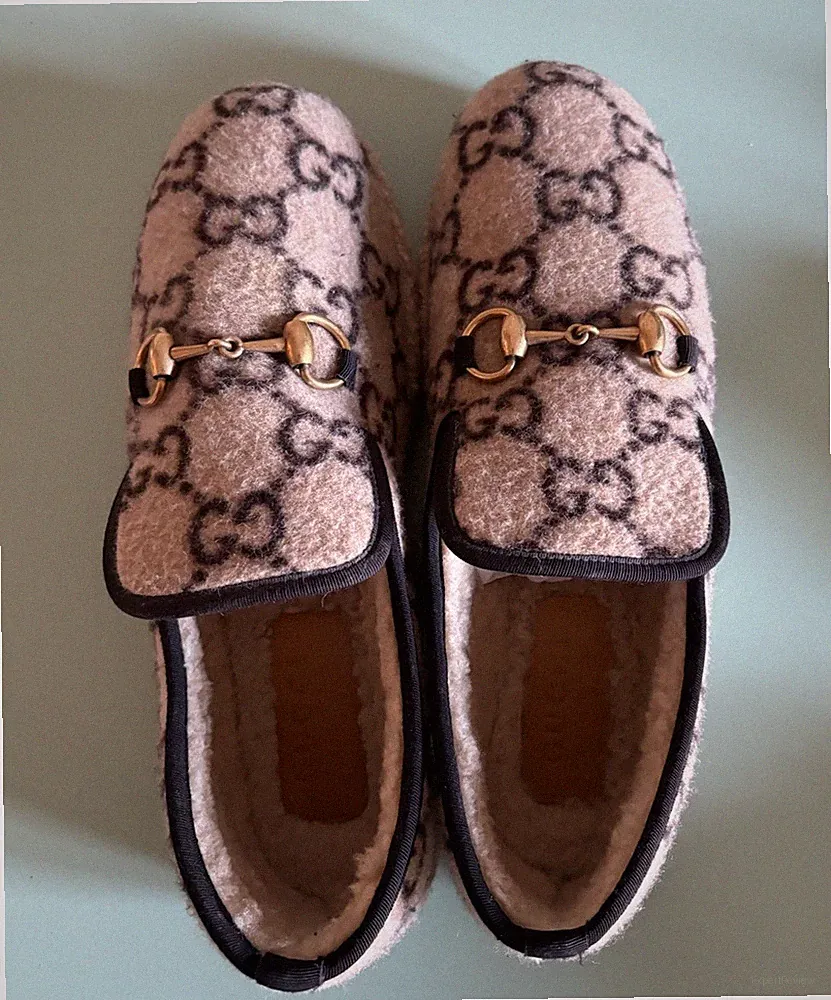 Gucci GG Horsebit Logo Wool Shearling Halbschuhe Größe 8