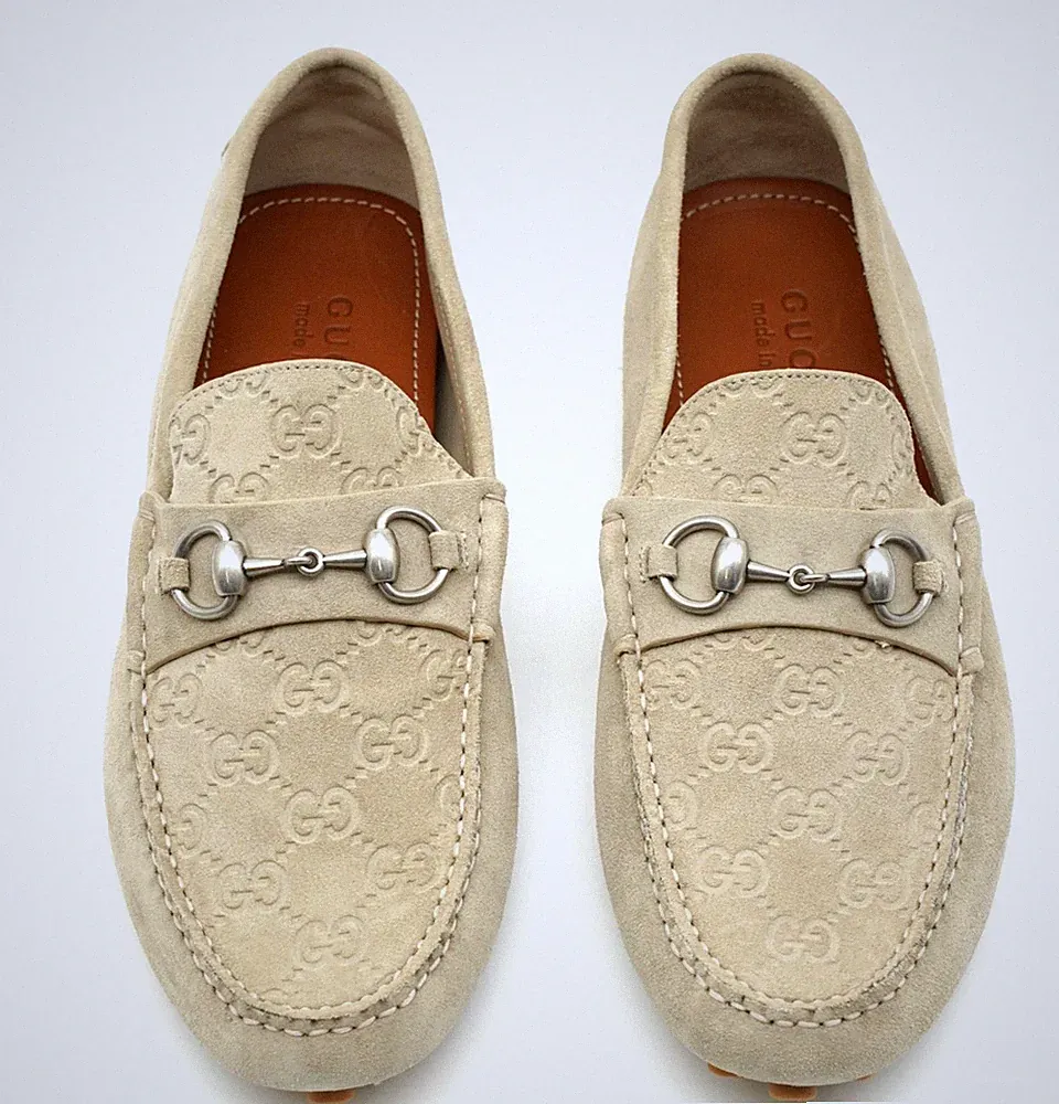 Gucci GG Suede Leather Horsebit Loafers Drivers Shoes Beige UK 8,5 US 9