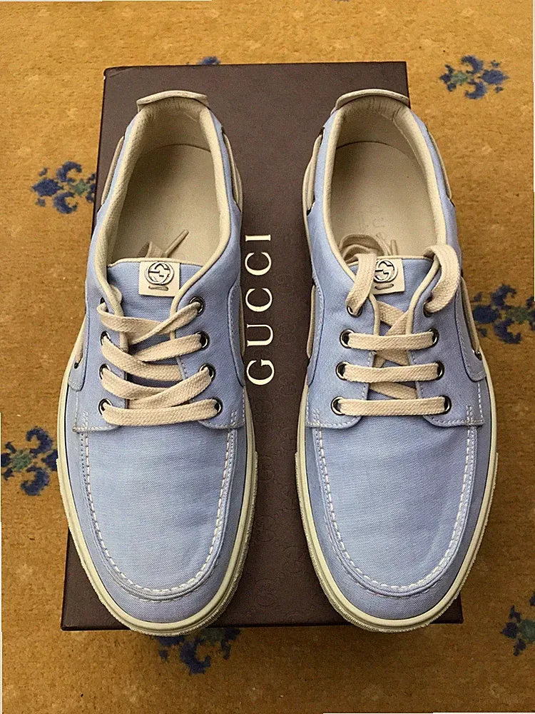 Gucci Halbschuhe Deck Bootsschuhe Blau Weiß Leder Herren US 8 UK 7,5 EU 41,5 NEU