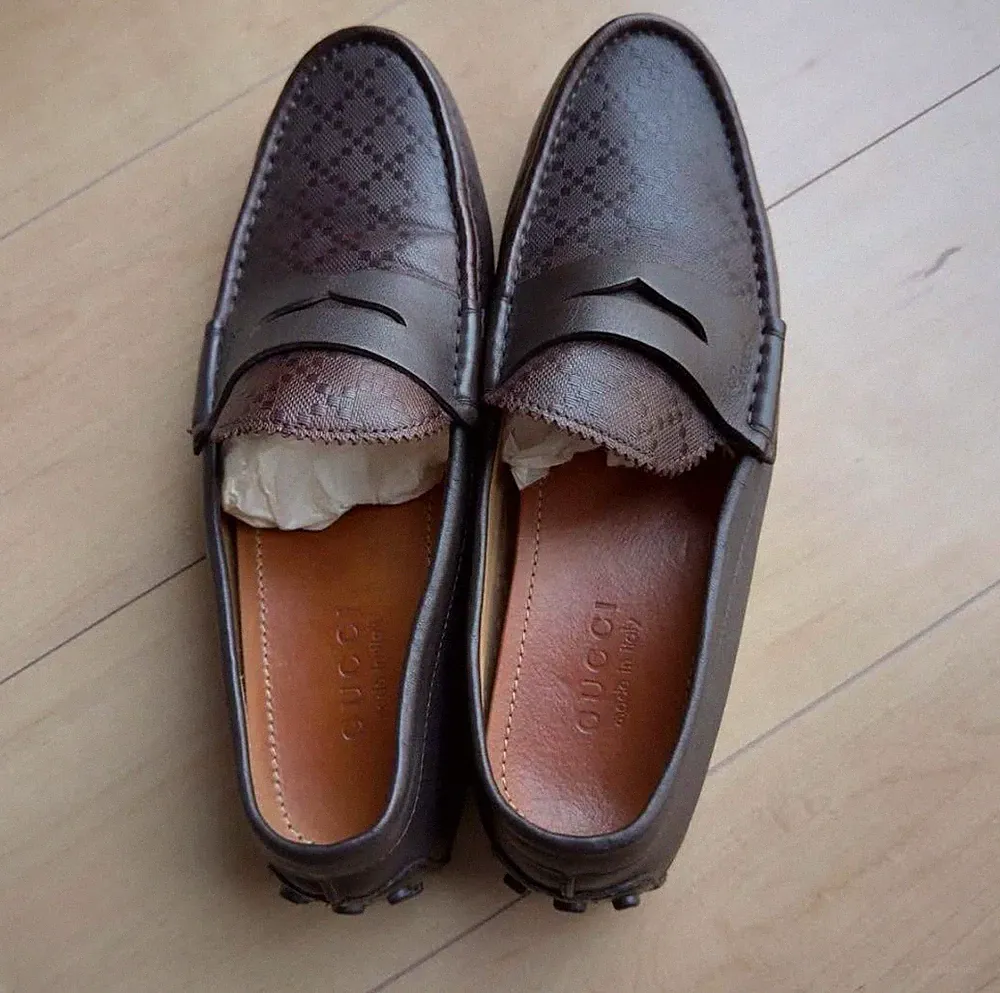 GUCCI Halbschuhe Driving Schuhe EU 41,5 US 8 Coated Canvas Leder Dunkelbraun...