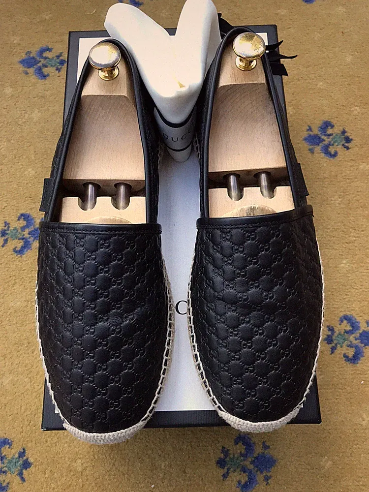 Gucci Halbschuhe Espadrille Schuhe Monogram G Schwarz Leder Herren UK 8 US 9 EU 42