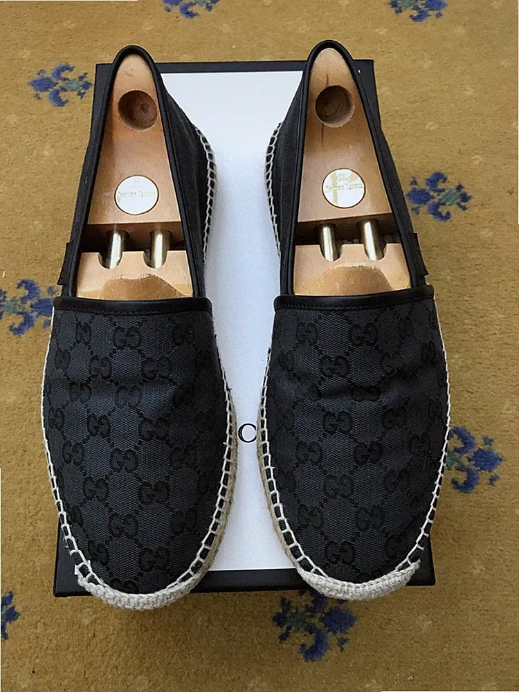 Gucci Halbschuhe Espadrille Schuhe Monogramm G Schwarz Leder Herren US 11 UK 10,5 44,5