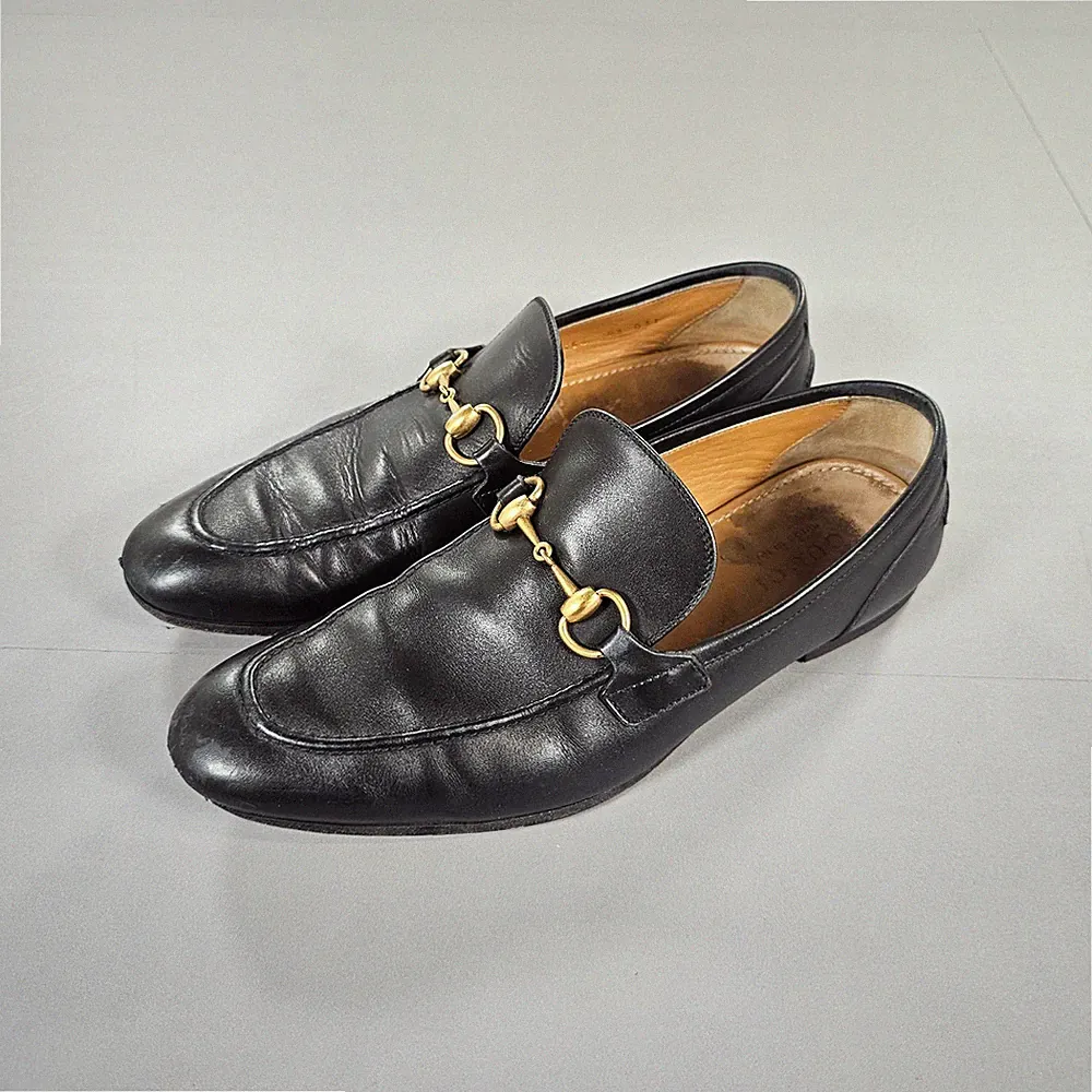 Gucci Halbschuhe Herren Schwarz 8,5 UK Leder Schuhe Jordaan Gold Horsebit