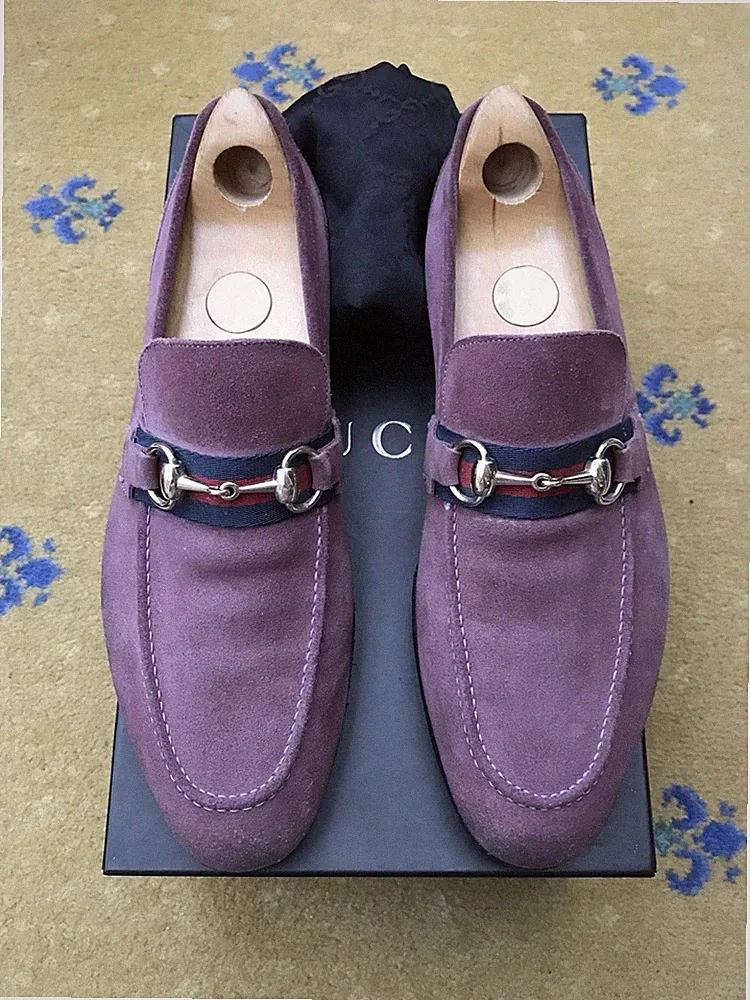 Gucci Halbschuhe Jordaan Schuhe Flieder Wildleder Web Horsebit Herren UK 6,5 US 7,5 40,5 BIG