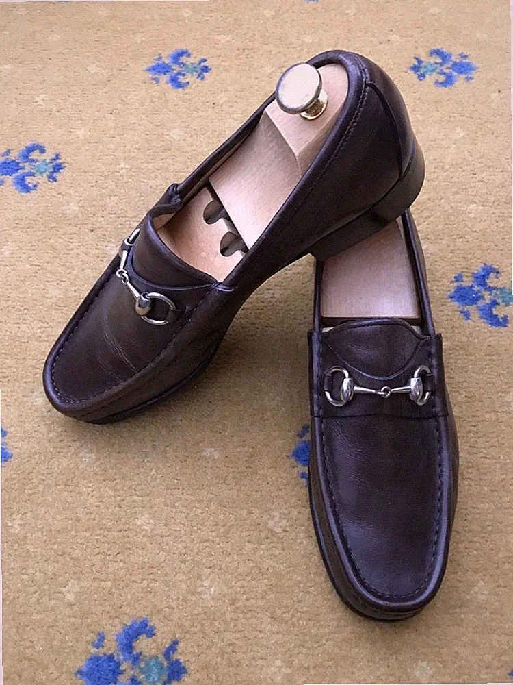 Gucci Halbschuhe Leder Schuhe Braun Silber Horsebit Schnalle Herren UK 8 US 9 EU 42