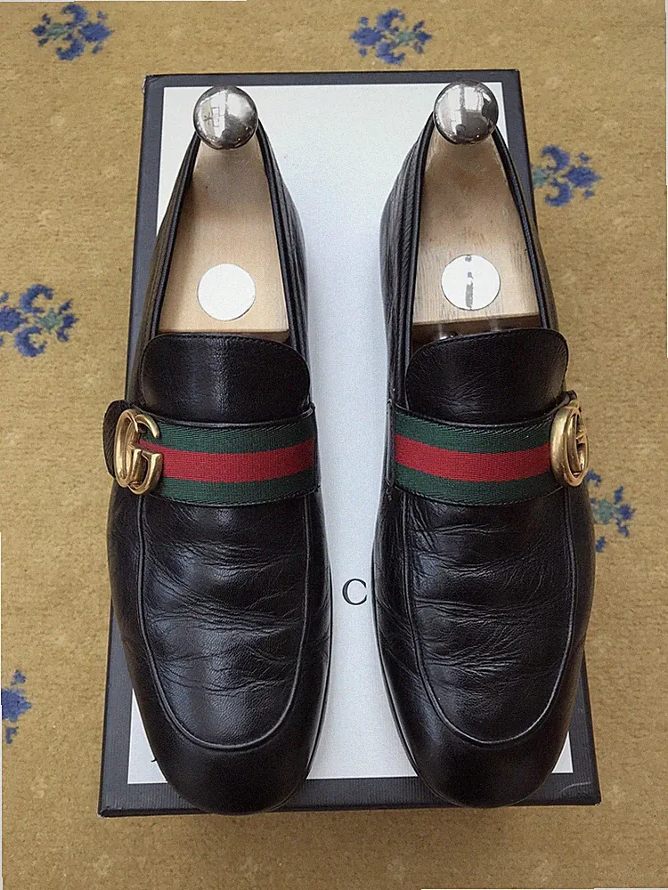 Gucci Halbschuhe Leder Schuhe Donnie Double G Web Grün Rot Herren UK 7 US 8 EU 41