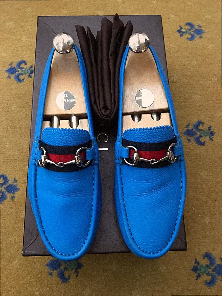 Gucci Halbschuhe Leder Schuhe Driver Horsebit Blau Web Rot Herren US 6 UK 5,5 39,5