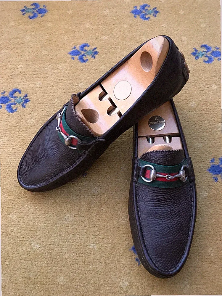 Gucci Halbschuhe Leder Schuhe Driver Horsebit Braun Web Grün Herren UK 8 US 9 EU 42