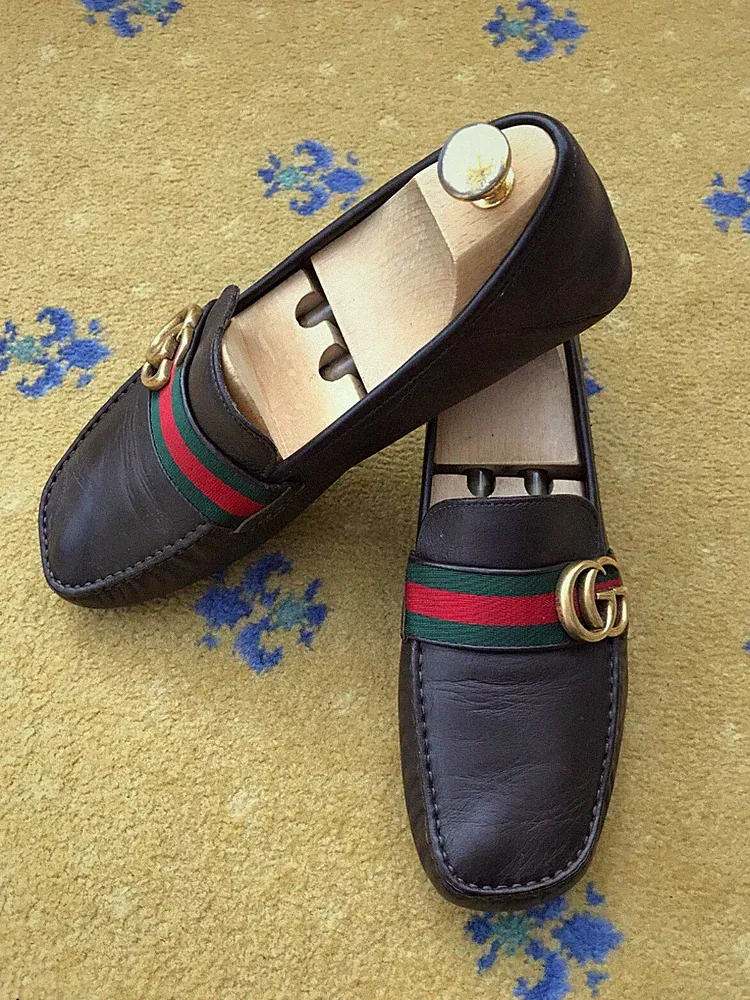 Gucci Halbschuhe Leder Schuhe Driver Noel Braun Web Grün Herren US 8 UK 7,5 EU 41,5