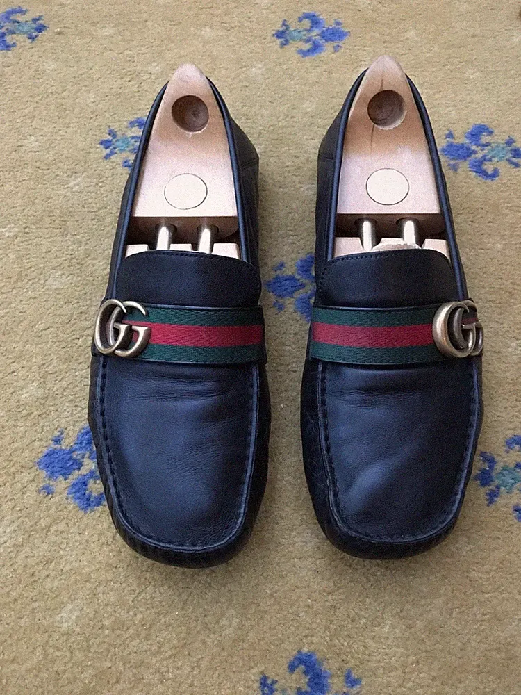 Gucci Halbschuhe Leder Schuhe Driver Noel Schwarz Web Grün Rot Herren UK 10 US 11 44