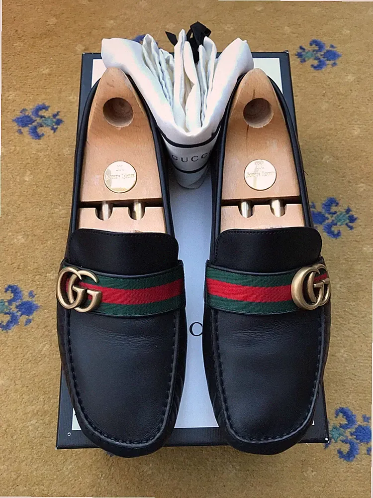Gucci Halbschuhe Leder Schuhe Driver Noel Schwarz Web Grün Rot Herren US 9 UK 8,5 42+