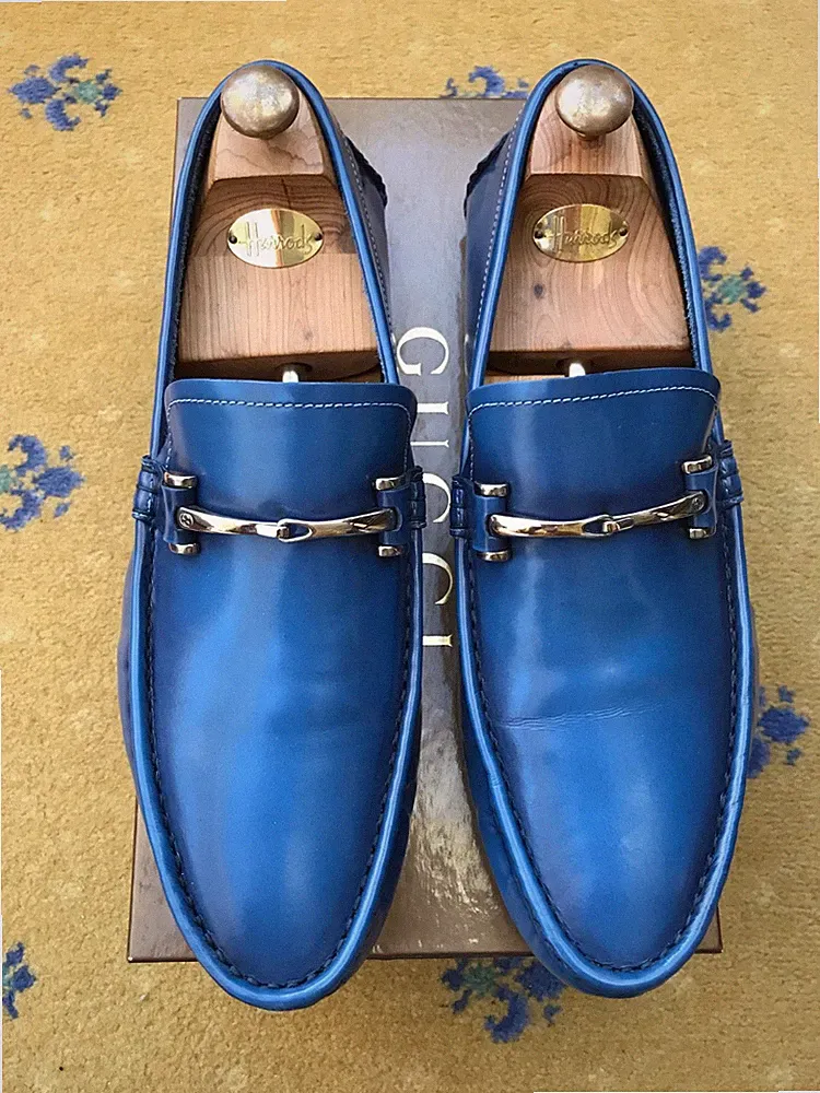 Gucci Halbschuhe Leder Schuhe Driver Ornate Horsebit Blau Herren US 12 UK 11,5 45,5