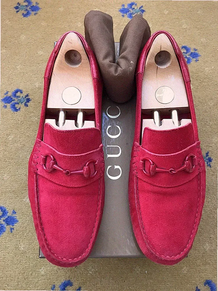 Gucci Halbschuhe Leder Schuhe Fahrer Rot Wildleder Horsebit Herren UK 9,5 US 10,5 43,5