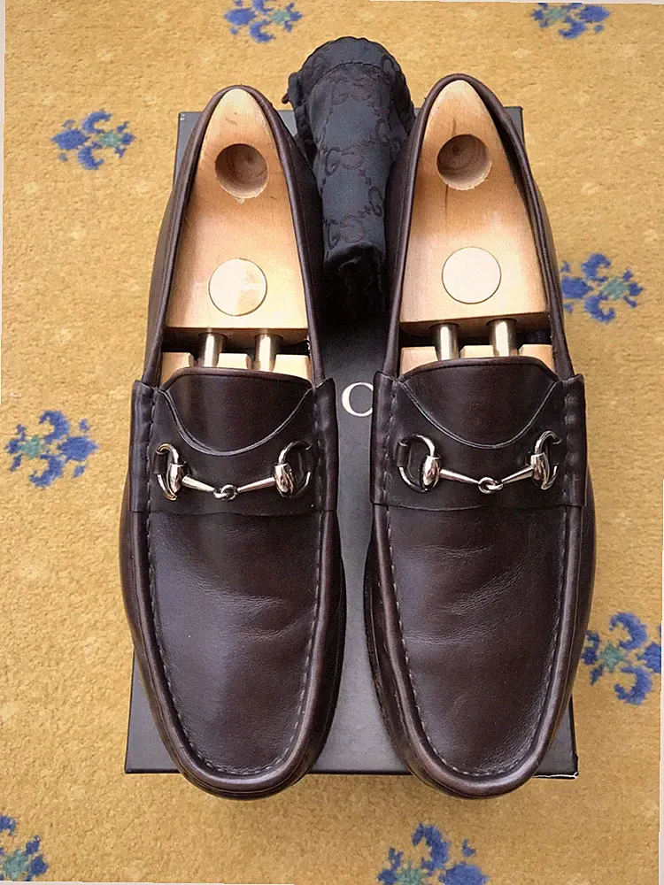 Gucci Halbschuhe Leder Schuhe Horsebit Schnalle Braun Silber Herren UK 10 US 10,5 44