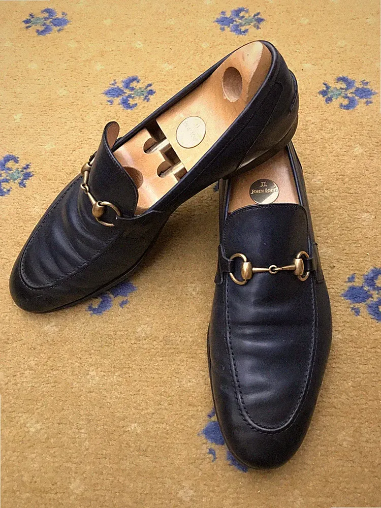 Gucci Halbschuhe Leder Schuhe Jordaan Blau Navy Gold Horsebit Herren UK 9 US 10 43