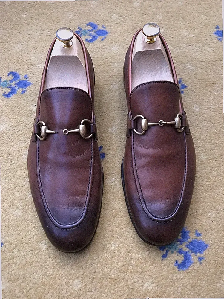 Gucci Halbschuhe Leder Schuhe Jordaan Braun Gold Horsebit Herren UK 8 US 9 EU 42