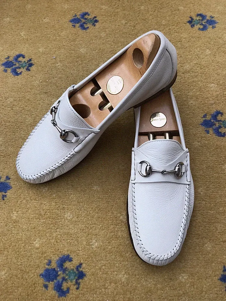 Gucci Halbschuhe Leder Schuhe Silber Horsebit Schnalle Weiß Herren UK 9 US 9,5 EU 43