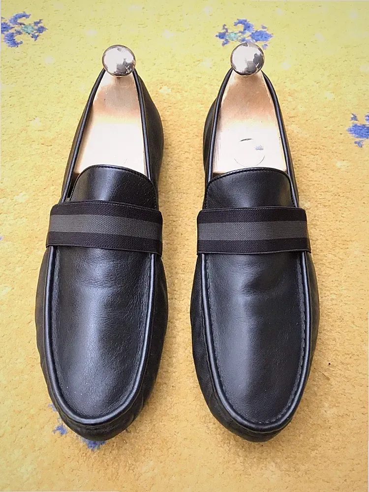 Gucci Halbschuhe Leder Schuhe Slipper Schwarz Web Grau Viaggio Herren US 9 UK 8,5 42,5