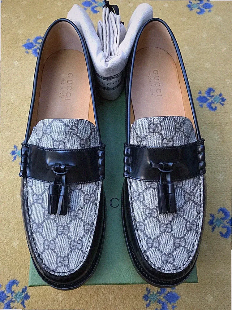 Gucci Halbschuhe Quaste Schuhe Mongram Canvas Schwarz Leder Herren UK 13 US 14 47 NEU
