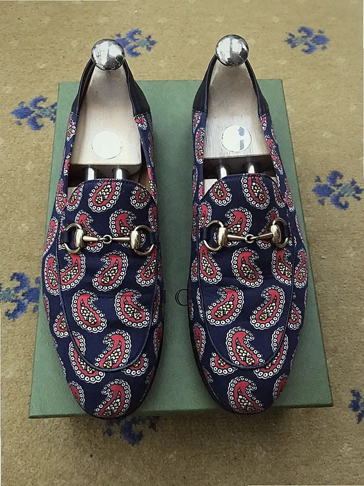 Gucci Halbschuhe Schuhe Brixton Horsebit Paisley Print Blau Herren US 8 UK 7,5 EU 41,5