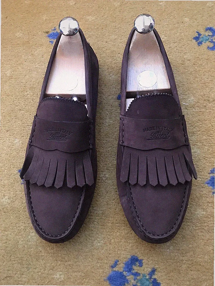 Gucci Halbschuhe Schuhe Driver Braun Leder Fransen Hergestellt in Italien Herren US 8 UK 7,5