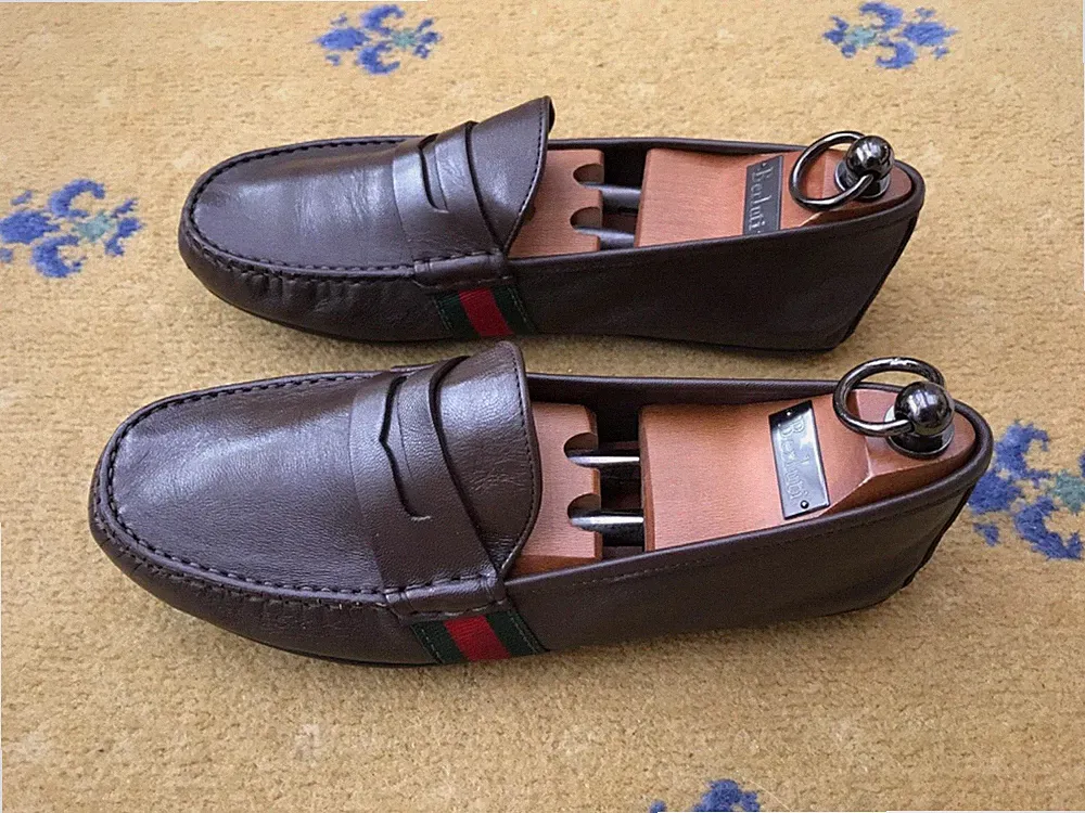 Gucci Halbschuhe Schuhe Drivers Braun Leder Herren UK 5,5 US 6,5 39,5 Web Grün Rot
