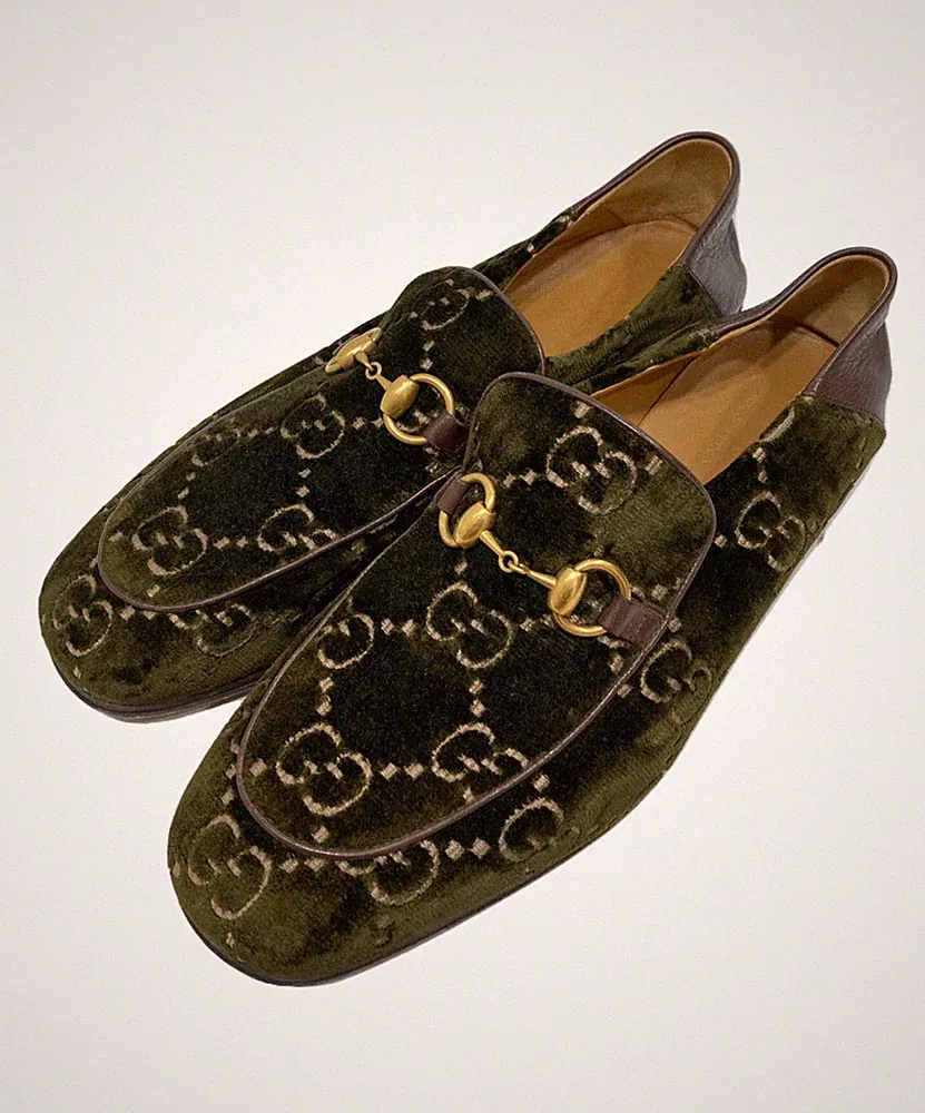 GUCCI Halbschuhe Schuhe Horsebit GG EU 41 US 7,5 Samt Grün Authentic