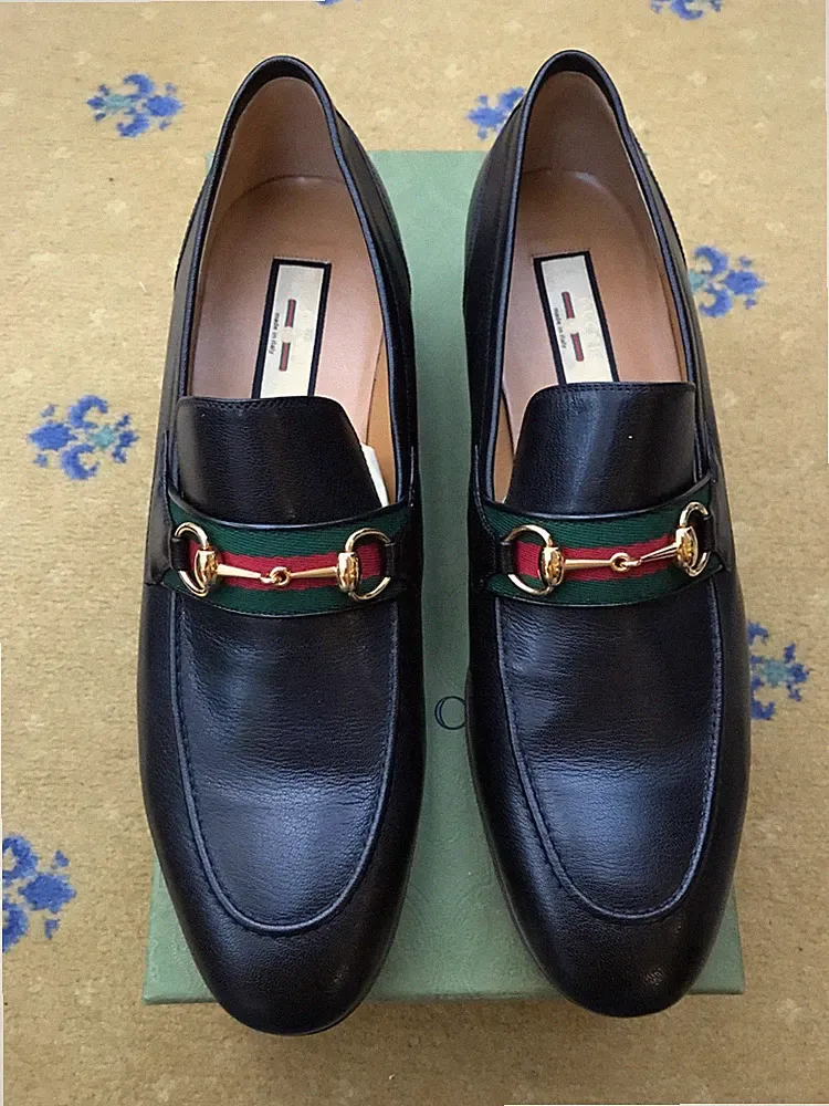 Gucci Halbschuhe Schuhe Horsebit schwarz Leder Web grün rot Herren US 14 UK 13,5 NEU