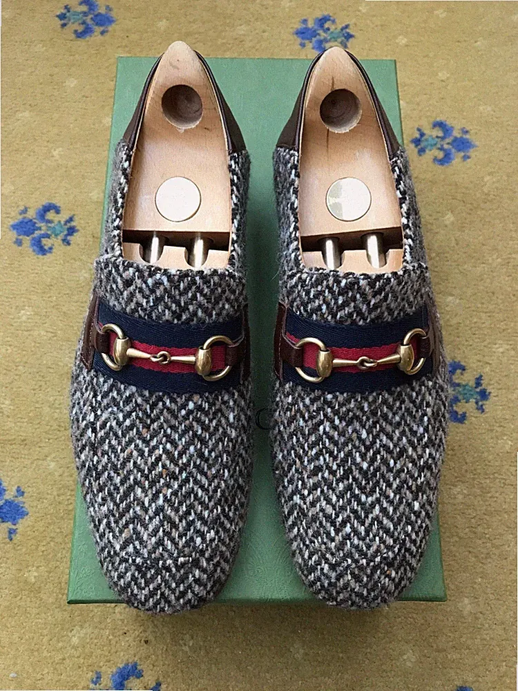 Gucci Halbschuhe Schuhe Horsebit Tweed Web schwarz braun weiß Herren US 10 UK 9,5 43,5