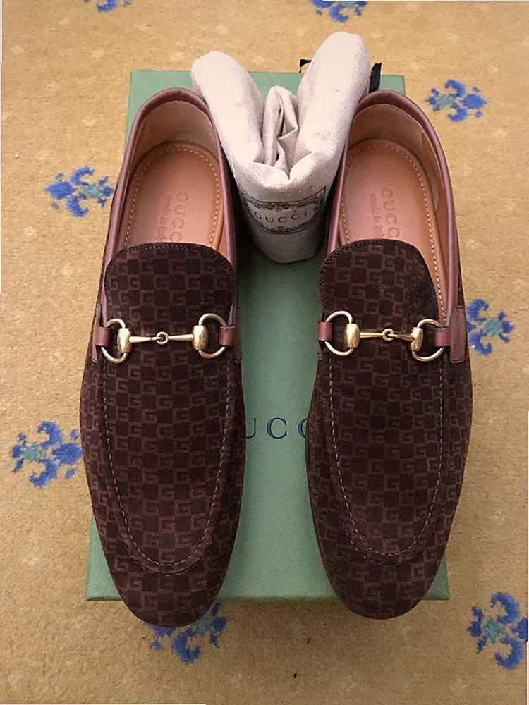 Gucci Halbschuhe Schuhe Jordaan Braun Monogram Cube Horsebit Herren UK 8,5 US 9,5 NEU
