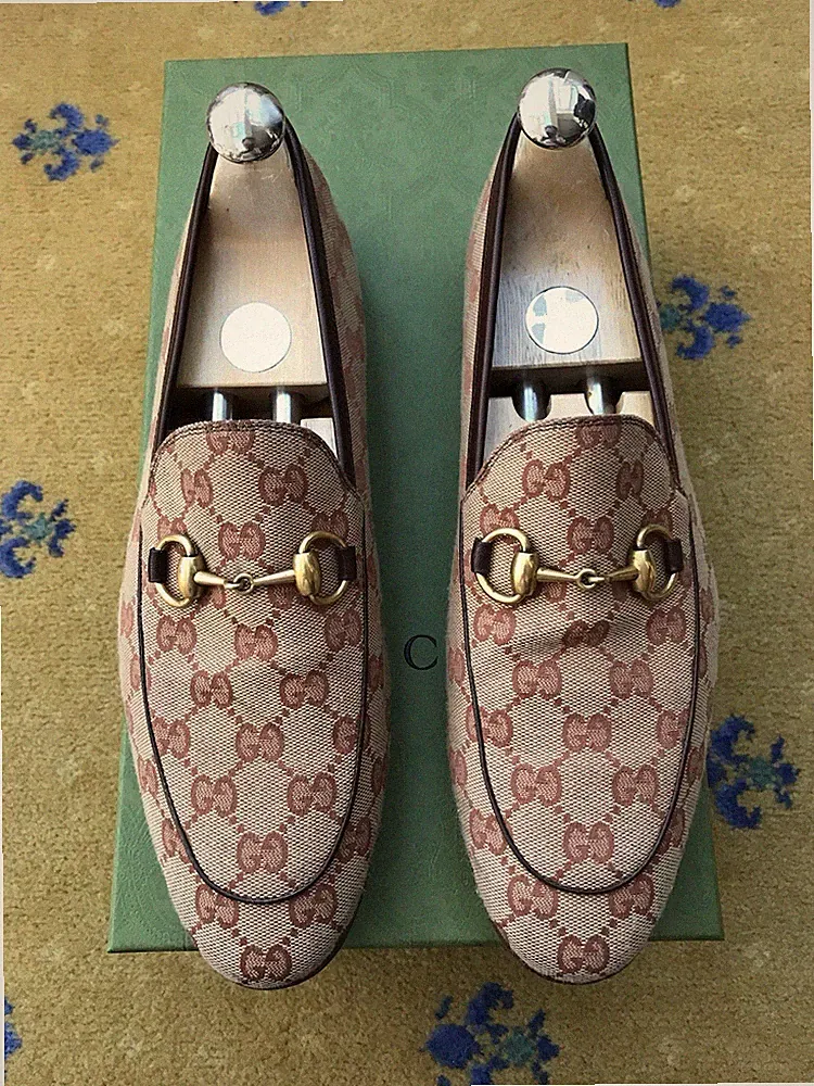 Gucci Halbschuhe Schuhe Jordaan Monogram Canvas Braun Horsebit Herren US 8 UK 7,5 41,5