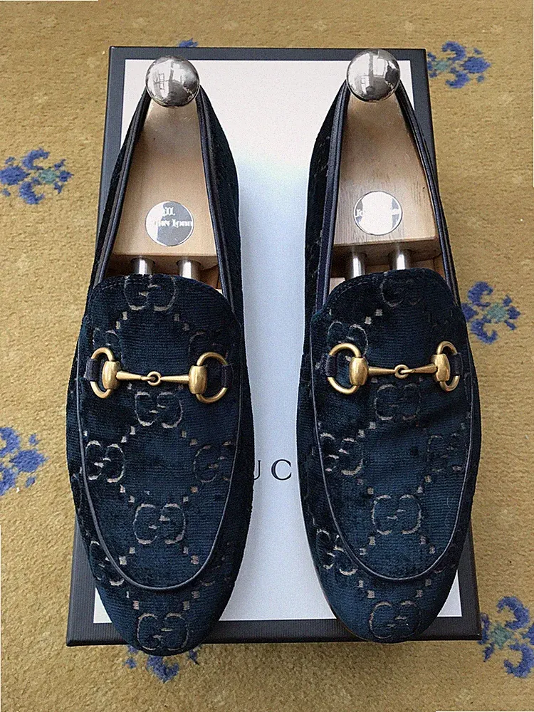 Gucci Halbschuhe Schuhe Jordaan Samt Blau Monogramm Horsebit Herren UK 7 US 8 EU 41