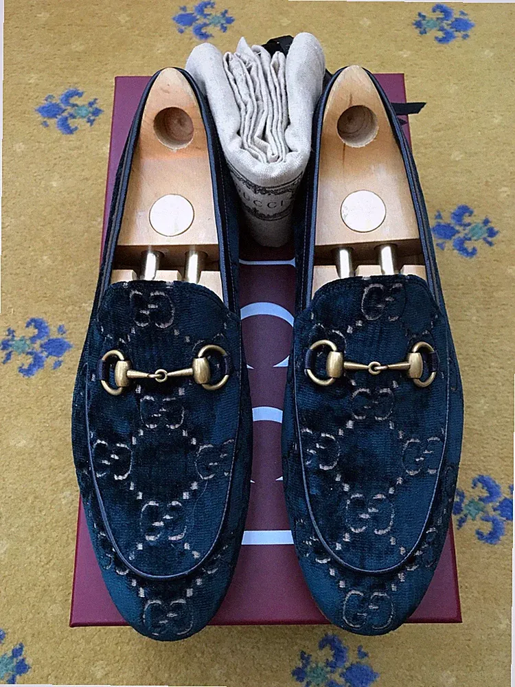Gucci Halbschuhe Schuhe Jordaan Samt Blau Monogramm Horsebit Herren US 10 UK 9,5 43,5