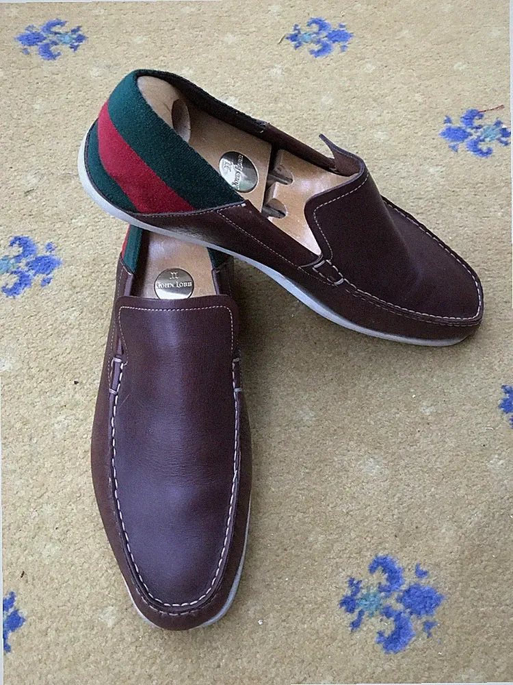 Gucci Halbschuhe Schuhe Leder Deck Bootfahren Web Grün Rot Braun Herren UK 9 D US 9 42