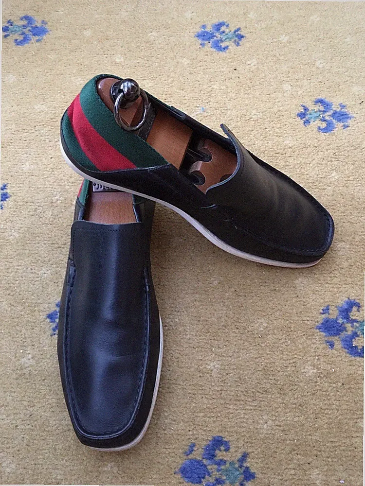 Gucci Halbschuhe Schuhe Leder Deck Bootfahren Web Grün Rot Schwarz Herren UK 5 US 6 39