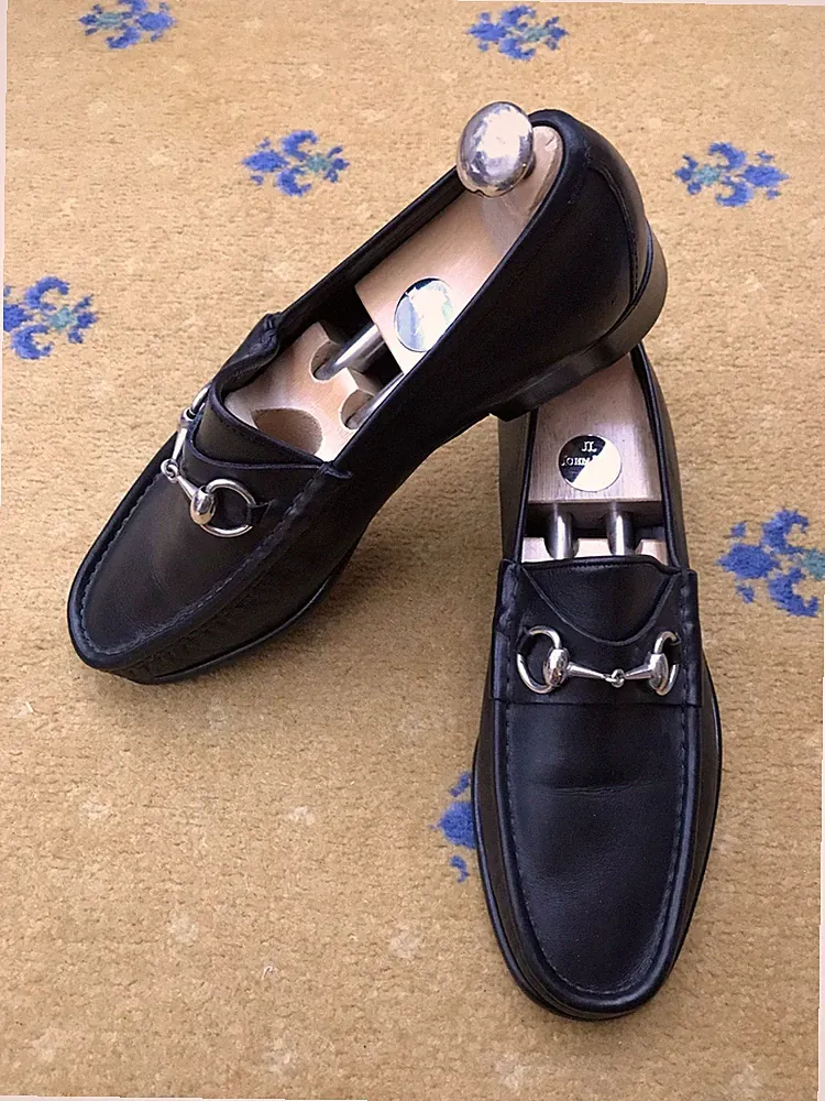 Gucci Halbschuhe Schuhe Leder Schwarz Silber Horsebit Schnalle Herren US 8 UK 7,5 41,5