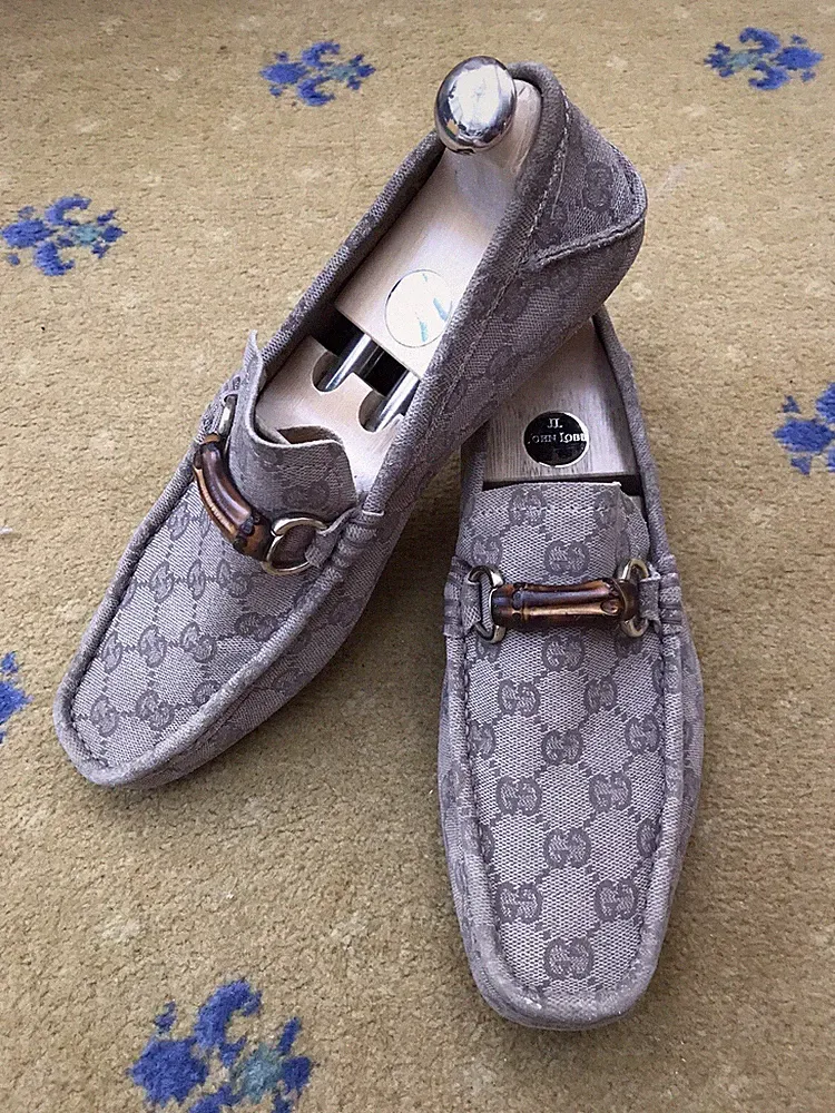 Gucci Halbschuhe Schuhe Monogram Canvas Beige Bambus Horsebit Herren UK 6,5 US 7,5 40+