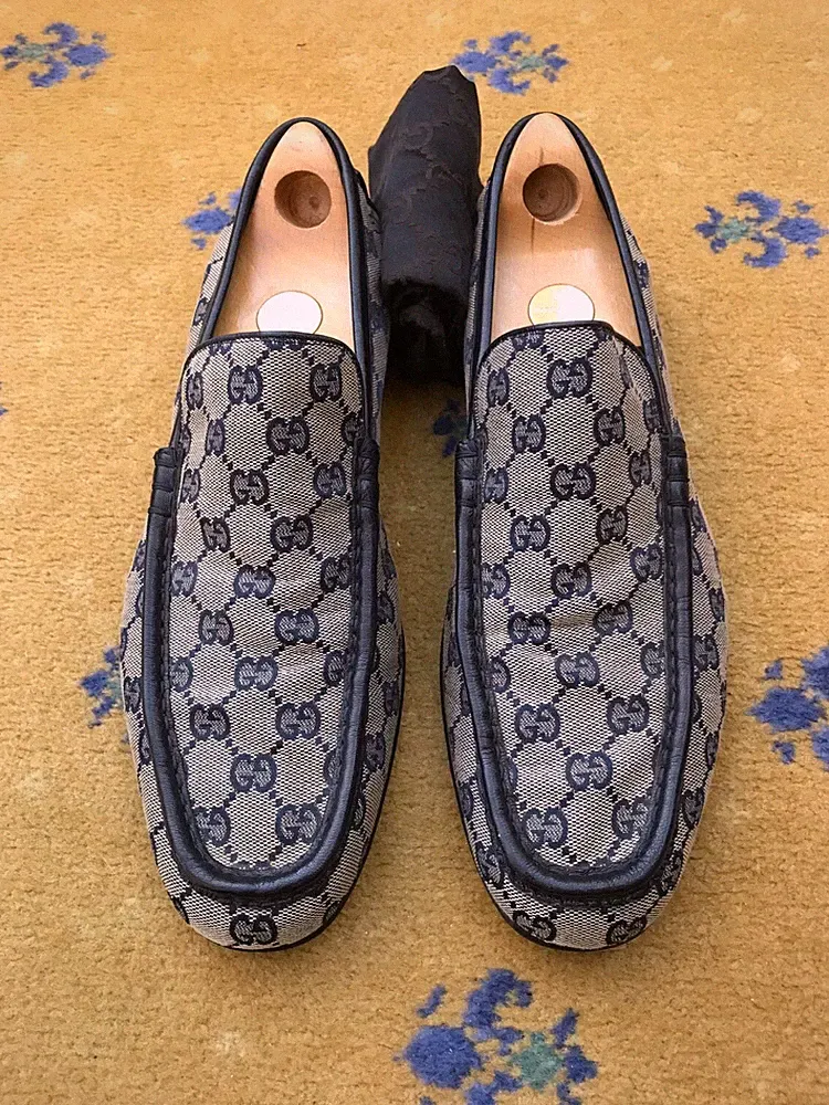 Gucci Halbschuhe Schuhe Monogram Canvas Driver Blau Beige Herren UK 10 US 11 EU 44