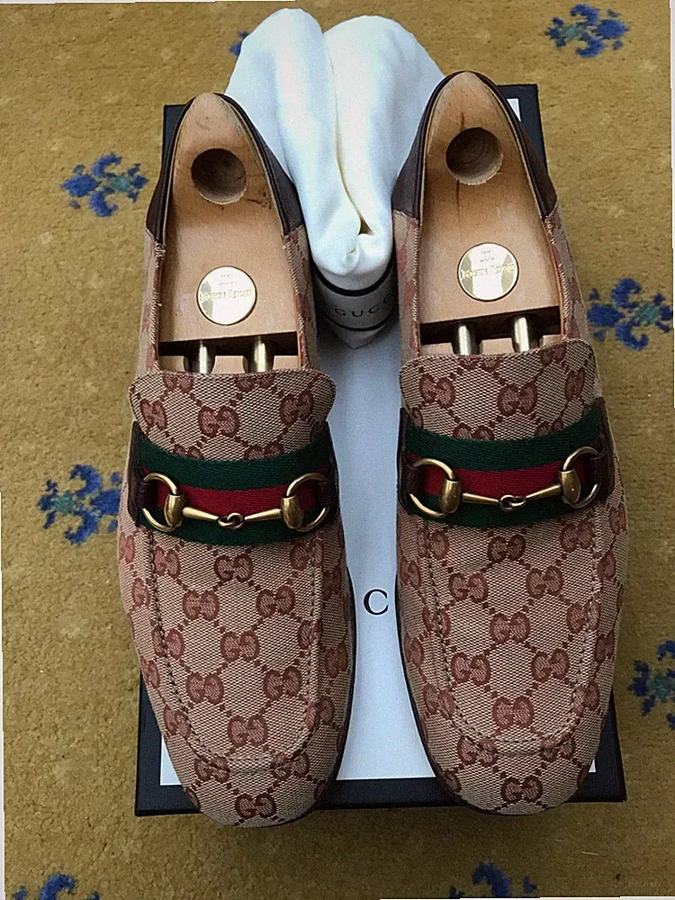 Gucci Halbschuhe Schuhe Monogram Canvas G Horsebit Web Grün Rot Herren UK 10 US 11 44