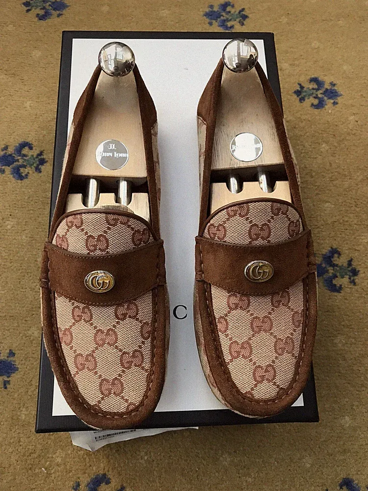 Gucci Halbschuhe Schuhe Monogram Wildleder Canvas Braun Herren Fahrer US 8 UK 7,5 EU 41,5