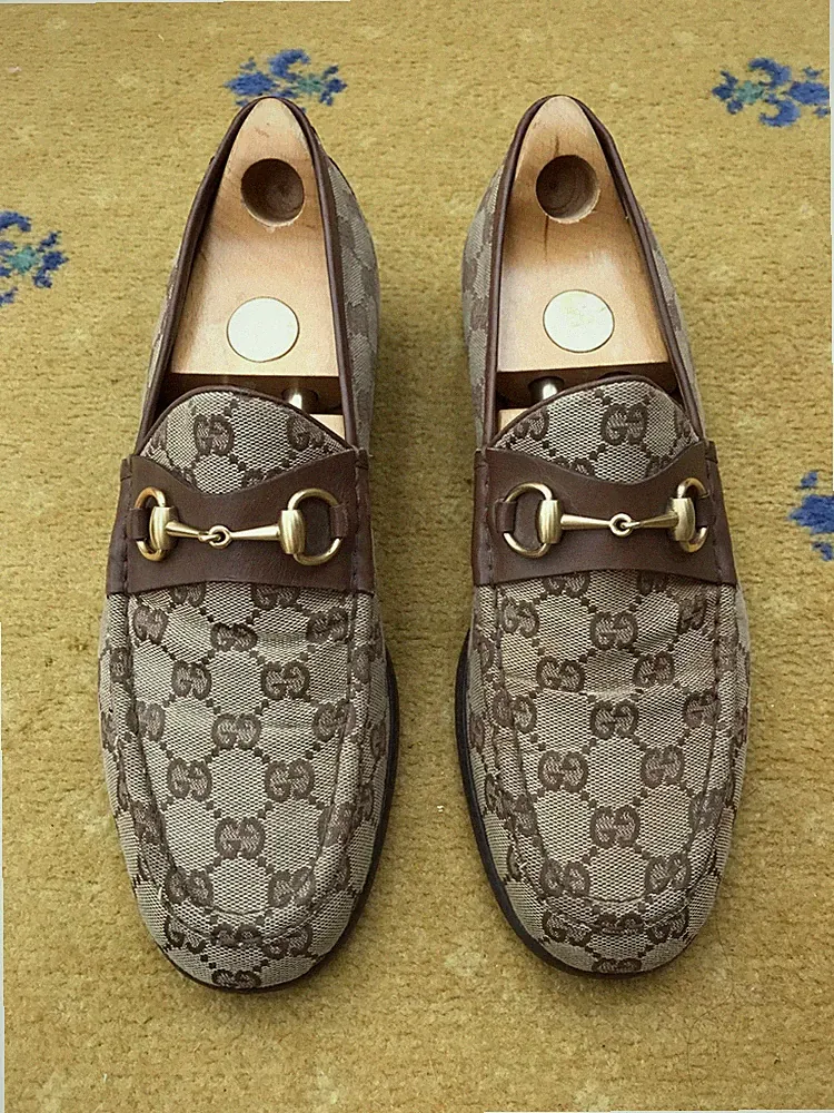 Gucci Halbschuhe Schuhe Monogramm Canvas Braun Leder Horsebit Herren US 11 UK 10,5