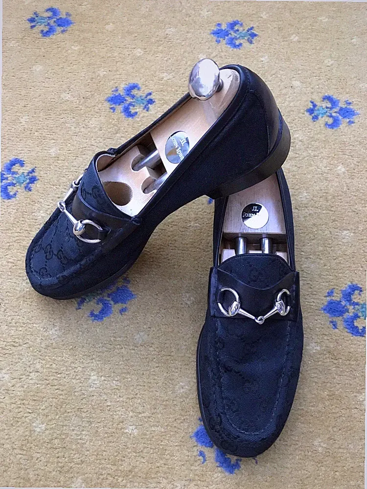 Gucci Halbschuhe Schuhe Monogramm Canvas schwarz Leder Horsebit Herren US 8 UK 7,5