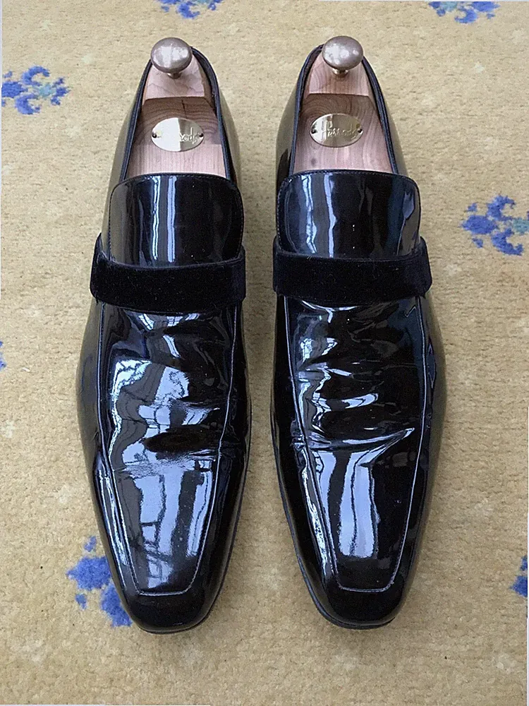 Gucci Halbschuhe Schuhe Schwarz Samt Lackleder Herren UK 13 D US 14 EU 47