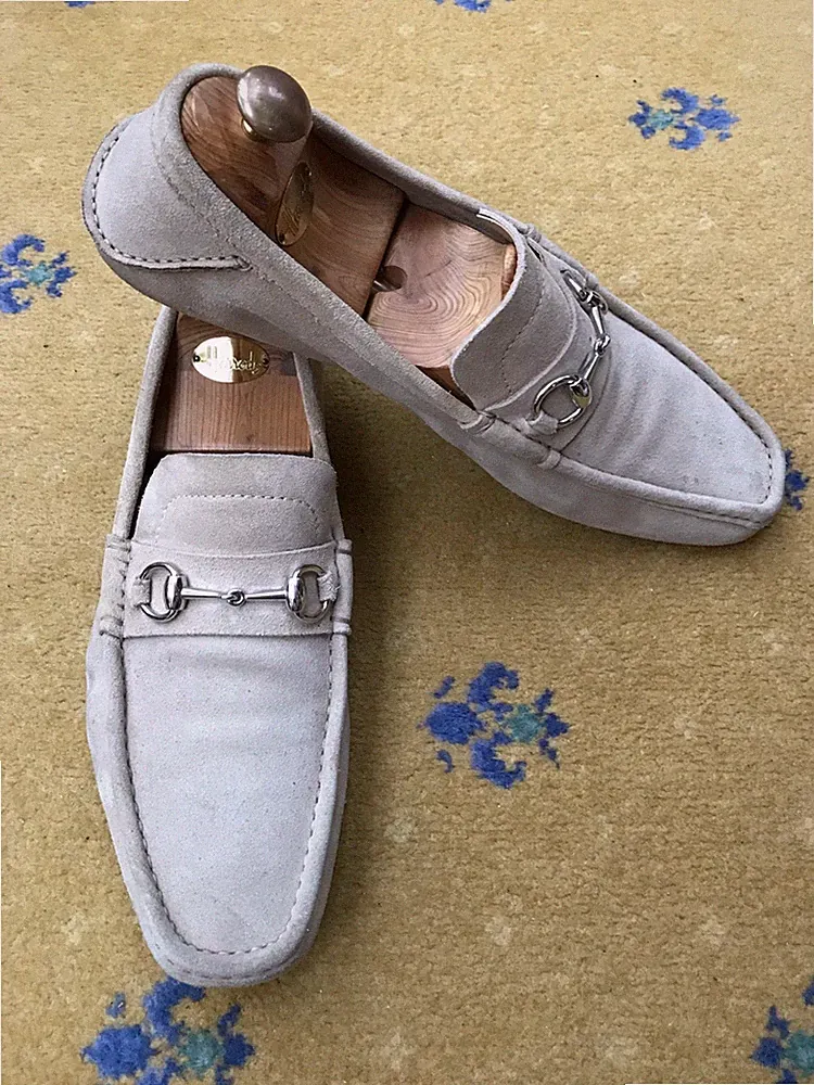 Gucci Halbschuhe Schuhe Wildleder Beige Horsebit Silber Fahrer Herren UK 11 US 12 EU 45