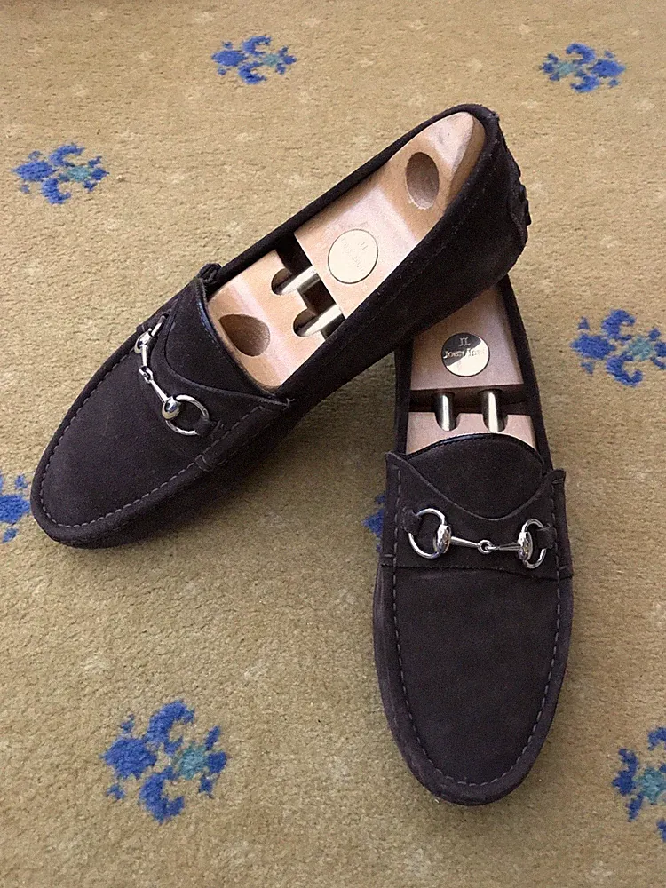 Gucci Halbschuhe Schuhe Wildleder Braun Horsebit Silber Fahrer Herren UK 9 US 10 EU 43