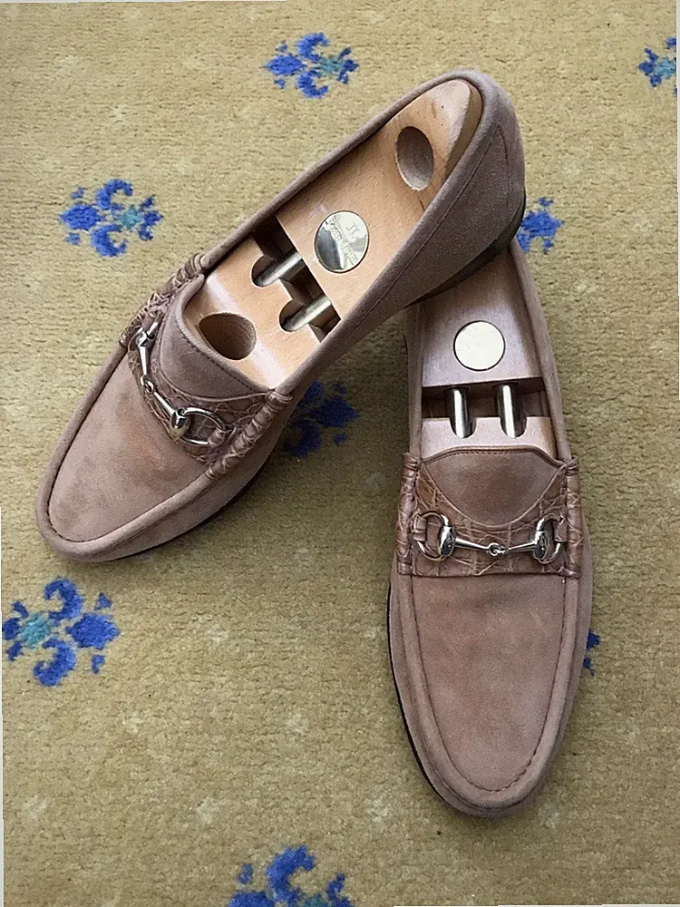 Gucci Halbschuhe Schuhe Wildleder Braun Krokodil Silber Horsebit Herren UK 9 US 10 EU 43