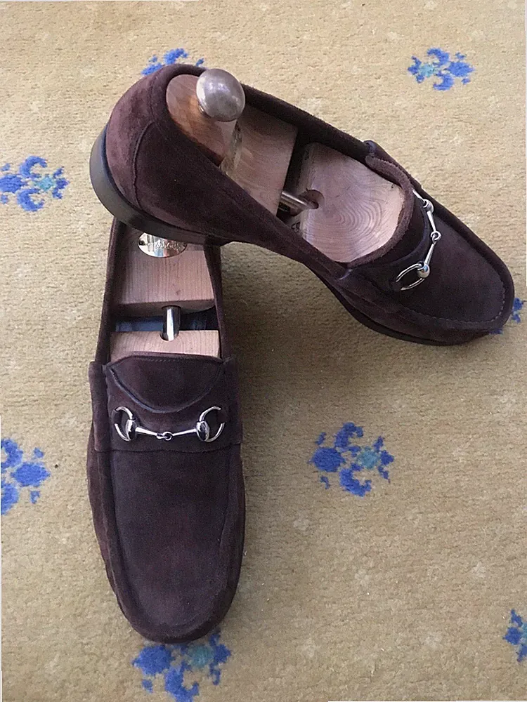 Gucci Halbschuhe Schuhe Wildleder Braun Silber Horsebit Schnalle Herren UK 13 D US 13 EU 47