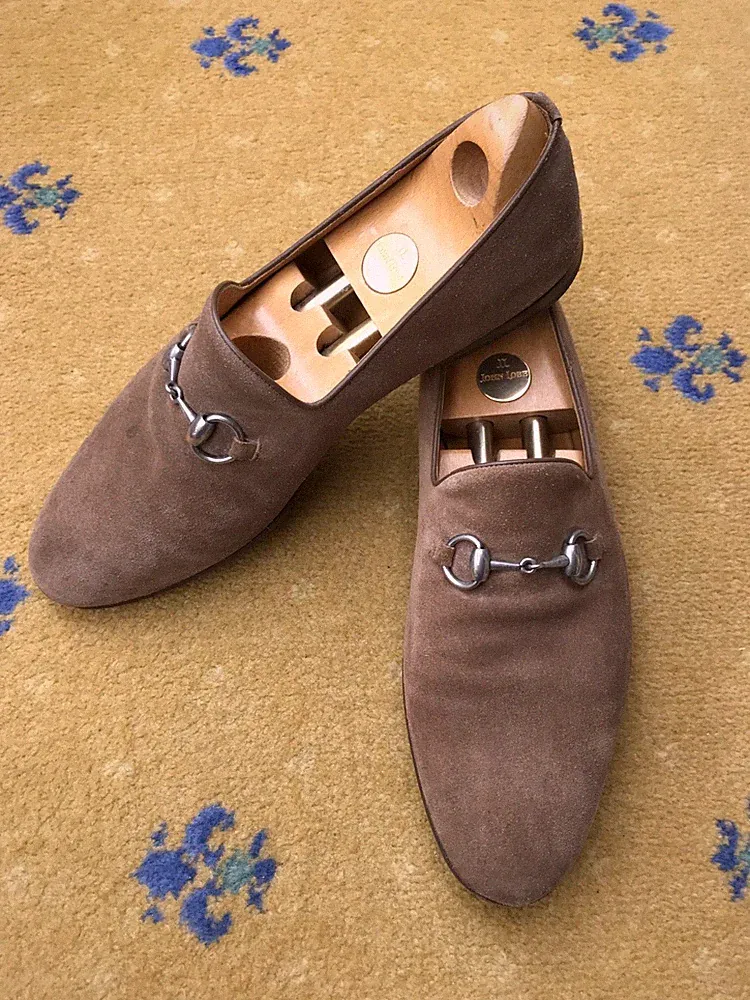 Gucci Halbschuhe Schuhe Wildleder braun silber Horsebit Schnalle Herren UK 8,5 US 9,5 42,5