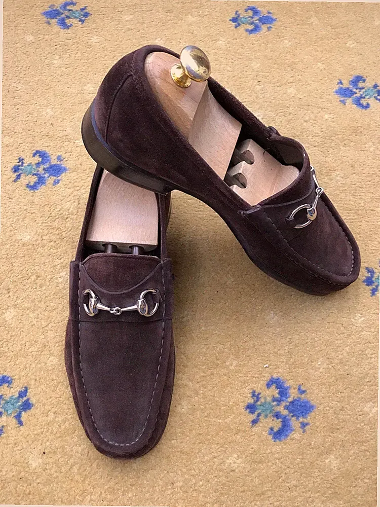 Gucci Halbschuhe Schuhe Wildleder Braun Silber Horsebit Schnalle Herren UK 8 US 9 EU 42