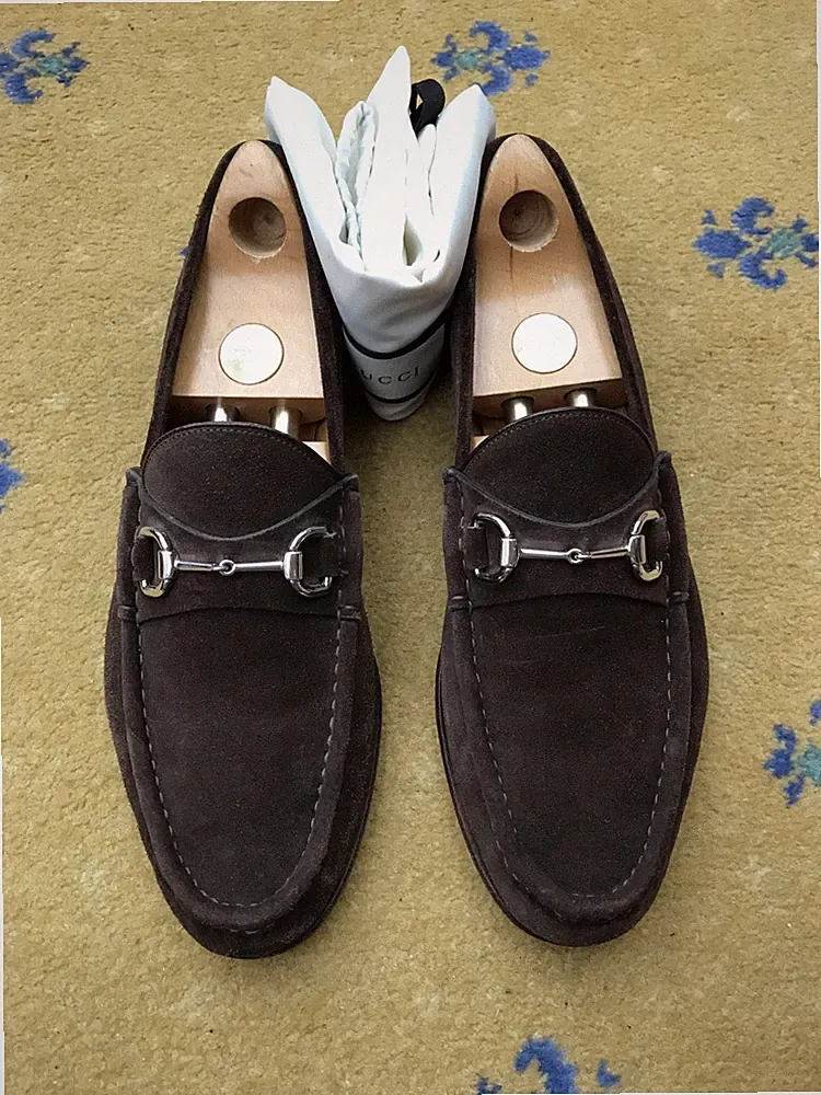 Gucci Halbschuhe Schuhe Wildleder Braun Silber Horsebit Schnalle Herren US 11 UK 10,5 44,5